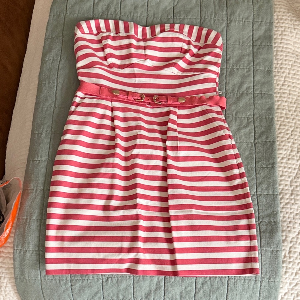 As U Wish Pink and White Striped Strapless Dress with Slim Belt